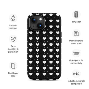 Black Lovely Minimalist Repeated Heart iPhone 15 Tough Case Features