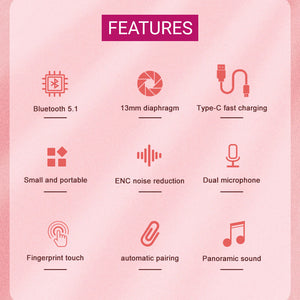 Bluetooth 5.1 Cute Chubby Capsule Cat Earphones Built-In Mic Features