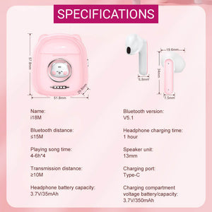 Bluetooth 5.1 Cute Chubby Capsule Cat Earphones Built-In Mic Specifications