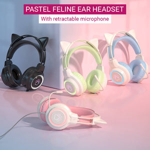 RGB Pastel Feline Headset Microphone HiFi USB 3.5mm Jack Display Picture