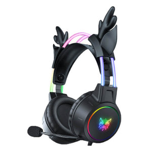 Black Cute RGB Deer Antler Headset Microphone 3.5mm Jack USB