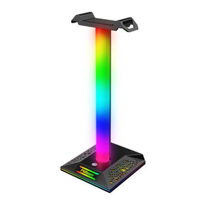 Black LED Headset Stand Dual USB 3.5mm Jack