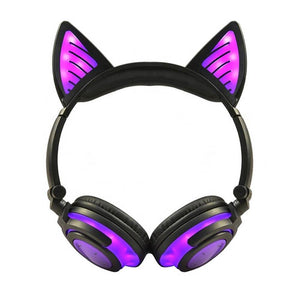 Black Purple Bluetooth Hairy Cat Ear Headphones Mic Glowing LED