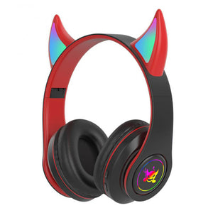 Black Red Bluetooth 5.0 Little Devil Horn Headphones Mic RGB