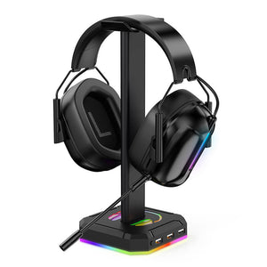 Black Triple USB 2.0 Headset Stand RGB Lighting in Use