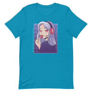 Blue Cute Purple Hair Gamer Girl Tee Lollipop Headset