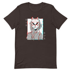 Brown Glitchy Cyber Kitsune Mask Girl Shirt Short Hair
