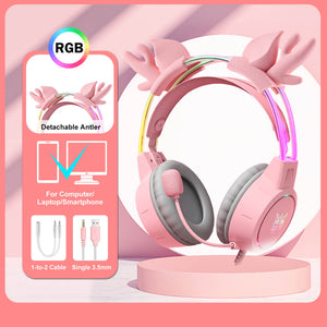 Cute RGB Deer Antler Headset Microphone 3.5mm Jack USB