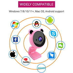 Full HD 1080p Bear Ear Webcam Microphone USB Widely Compatible