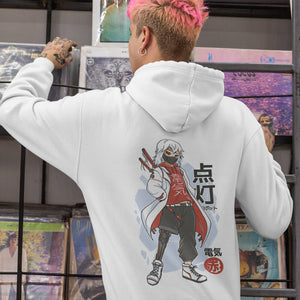 Futuristic White Hair Ninja Boy Hoodie Cybernetic Leg Picture