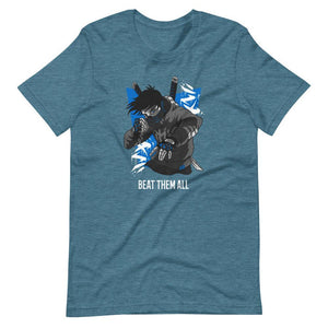 Gaming Shirt - Beat Them All - Cyberpunk Style Character - Blue - Heather Deep Teal - Dubsnatch
