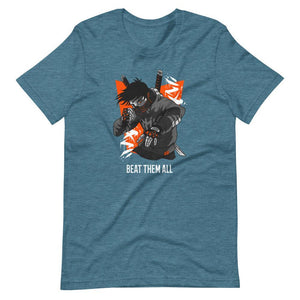 Gaming Shirt - Beat Them All - Cyberpunk Style Character - Orange - Heather Deep Teal - Dubsnatch