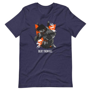 Gaming Shirt - Beat Them All - Cyberpunk Style Character - Orange - Heather Midnight Navy - Dubsnatch
