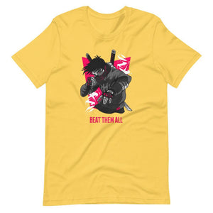 Gaming Shirt - Beat Them All - Cyberpunk Style Character - Pink - Alternative - Yellow - Dubsnatch