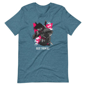 Gaming Shirt - Beat Them All - Cyberpunk Style Character - Pink - Heather Deep Teal - Dubsnatch