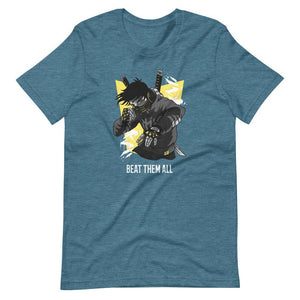 Gaming Shirt - Beat Them All - Cyberpunk Style Character - Yellow - Heather Deep Teal - Dubsnatch