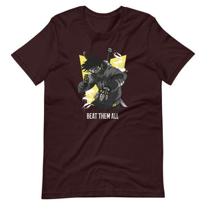 Gaming Shirt - Beat Them All - Cyberpunk Style Character - Yellow - Oxblood Black - Dubsnatch