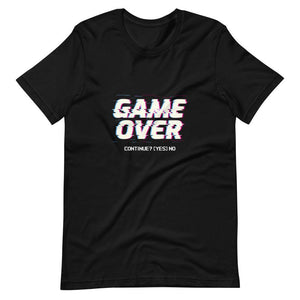 Gaming Shirt - Game Over Continue? Yes No - Cyberpunk Glitch Style - Black - Dubsnatch
