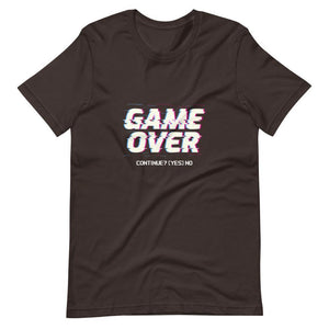 Gaming Shirt - Game Over Continue? Yes No - Cyberpunk Glitch Style - Brown - Dubsnatch