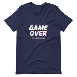 Gaming Shirt - Game Over Continue? Yes No - Cyberpunk Glitch Style - Navy - Dubsnatch