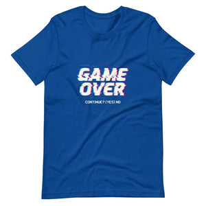 Gaming Shirt - Game Over Continue? Yes No - Cyberpunk Glitch Style - True Royal - Dubsnatch