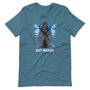 Gaming Shirt - Get Ready - Cyberpunk Style Ninja With Katanas - Blue - Heather Deep Teal - Dubsnatch