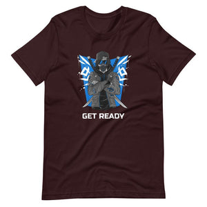 Gaming Shirt - Get Ready - Cyberpunk Style Ninja With Katanas - Blue - Oxblood Black - Dubsnatch