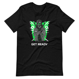Gaming Shirt - Get Ready - Cyberpunk Style Ninja With Katanas - Green - Black Heather - Dubsnatch