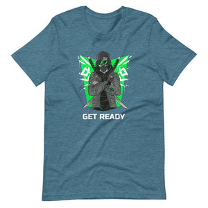Gaming Shirt - Get Ready - Cyberpunk Style Ninja With Katanas - Green - Heather Deep Teal - Dubsnatch