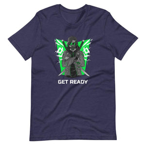 Gaming Shirt - Get Ready - Cyberpunk Style Ninja With Katanas - Green - Heather Midnight Navy - Dubsnatch