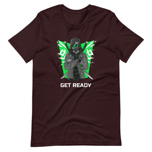 Gaming Shirt - Get Ready - Cyberpunk Style Ninja With Katanas - Green - Oxblood Black - Dubsnatch