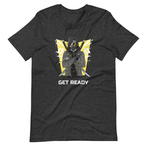 Gaming Shirt - Get Ready - Cyberpunk Style Ninja With Katanas - Yellow - Dark Grey Heather - Dubsnatch