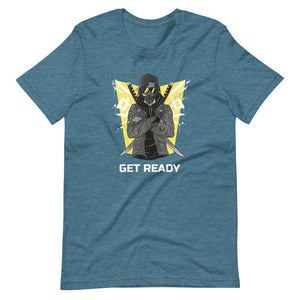 Gaming Shirt - Get Ready - Cyberpunk Style Ninja With Katanas - Yellow - Heather Deep Teal - Dubsnatch