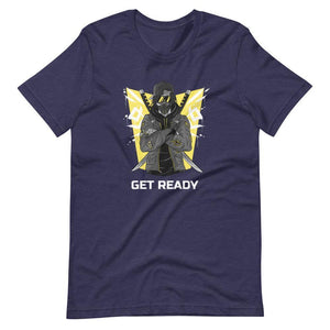 Gaming Shirt - Get Ready - Cyberpunk Style Ninja With Katanas - Yellow - Heather Midnight Navy - Dubsnatch