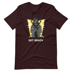 Gaming Shirt - Get Ready - Cyberpunk Style Ninja With Katanas - Yellow - Oxblood Black - Dubsnatch