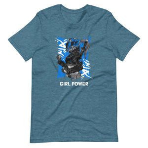 Gaming Shirt - Girl Power - Cyberpunk Female With Sword - Blue - Heather Deep Teal - Dubsnatch
