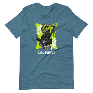Gaming Shirt - Girl Power - Cyberpunk Female With Sword - Neon Green - Heather Deep Teal - Dubsnatch