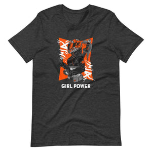 Gaming Shirt - Girl Power - Cyberpunk Female With Sword - Orange - Dark Grey Heather - Dubsnatch