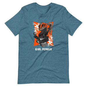 Gaming Shirt - Girl Power - Cyberpunk Female With Sword - Orange - Heather Deep Teal - Dubsnatch