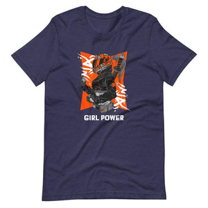Gaming Shirt - Girl Power - Cyberpunk Female With Sword - Orange - Heather Midnight Navy - Dubsnatch