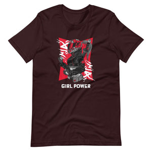 Gaming Shirt - Girl Power - Cyberpunk Female With Sword - Red - Oxblood Black - Dubsnatch