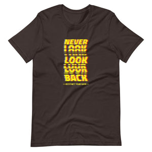 Gaming Shirt - Never Look Back Restart Your Game - Cyberpunk Glitch Style - Brown - Dubsnatch