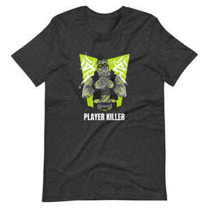 Gaming Shirt - Player Killer - Sadistic Cyberpunk Style Character - Neon Green - Dark Grey Heather - Dubsnatch