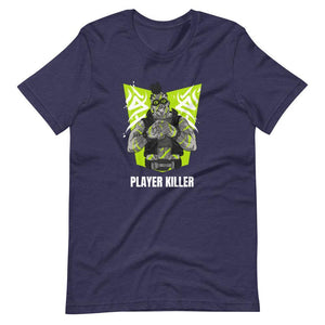 Gaming Shirt - Player Killer - Sadistic Cyberpunk Style Character - Neon Green - Heather Midnight Navy - Dubsnatch
