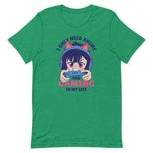 Green Blue Hair Playing Cartoonish Girl Shirt Kitty Headset