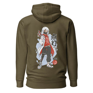 Green Futuristic White Hair Ninja Boy Hoodie Cybernetic Leg Back