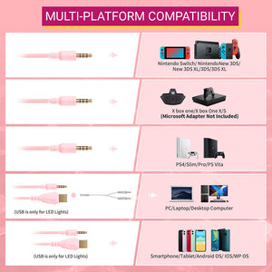 Kawaii Cat Gaming Headset Microphone 3.5mm Jack LED Multi-Platform Compatibility