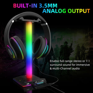 LED Headset Stand Dual USB 3.5mm Jack Audio