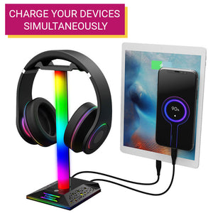 LED Headset Stand Dual USB 3.5mm Jack Charging Station