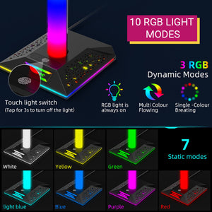 LED Headset Stand Dual USB 3.5mm Jack Light Modes